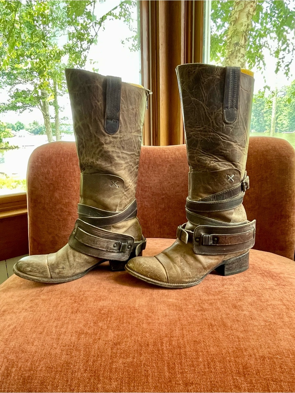Freebird “Dakota” Distressed Brown Leather Harness Mid-Calf Boots size 10